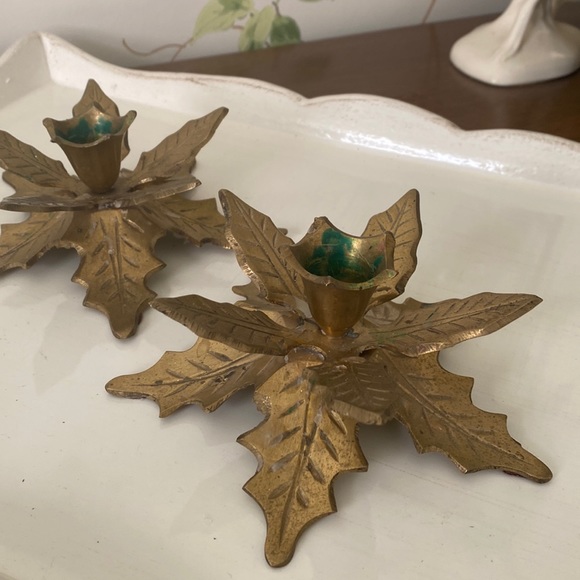 Solid Brass Holly Leaf Candlestick Holders